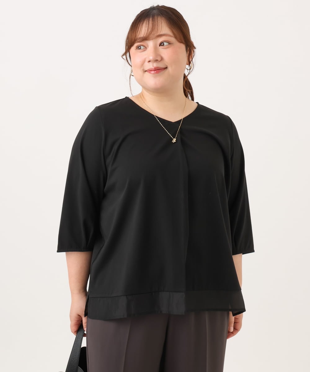 OLKJD01079 eur3(エウルキューブ) 【大きいサイズ/接触冷感/UVカット】Vネック裾シア―カットソー ブラック