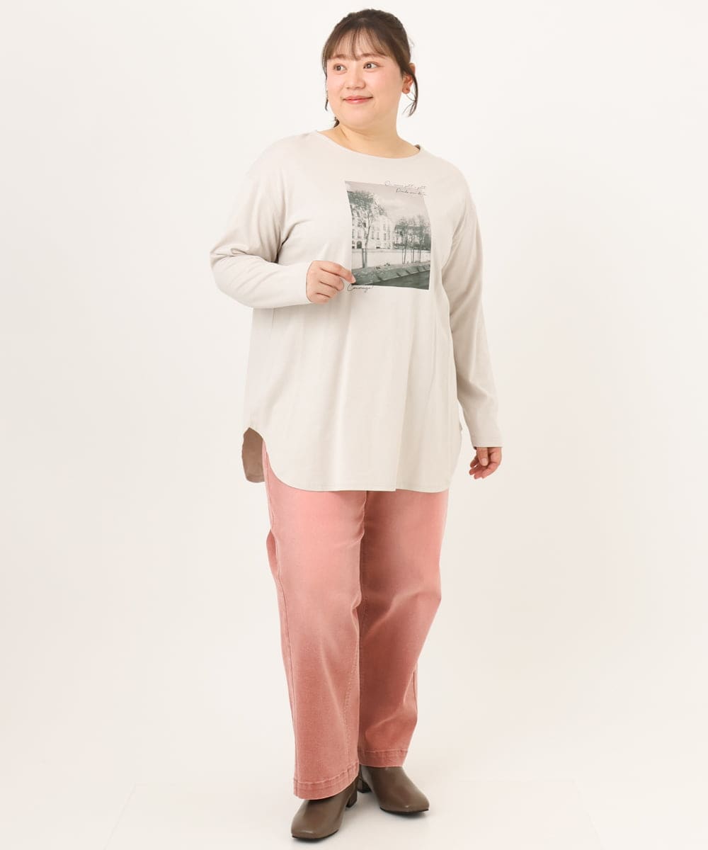 OLKKD10064 eur3(エウルキューブ) 【大きいサイズ】プリント長袖Tシャツ グレージュ