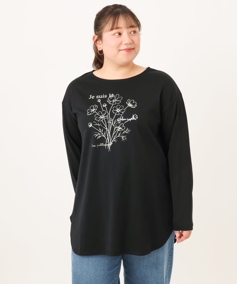OLKKD10064 eur3(エウルキューブ) 【大きいサイズ】プリント長袖Tシャツ ブラック