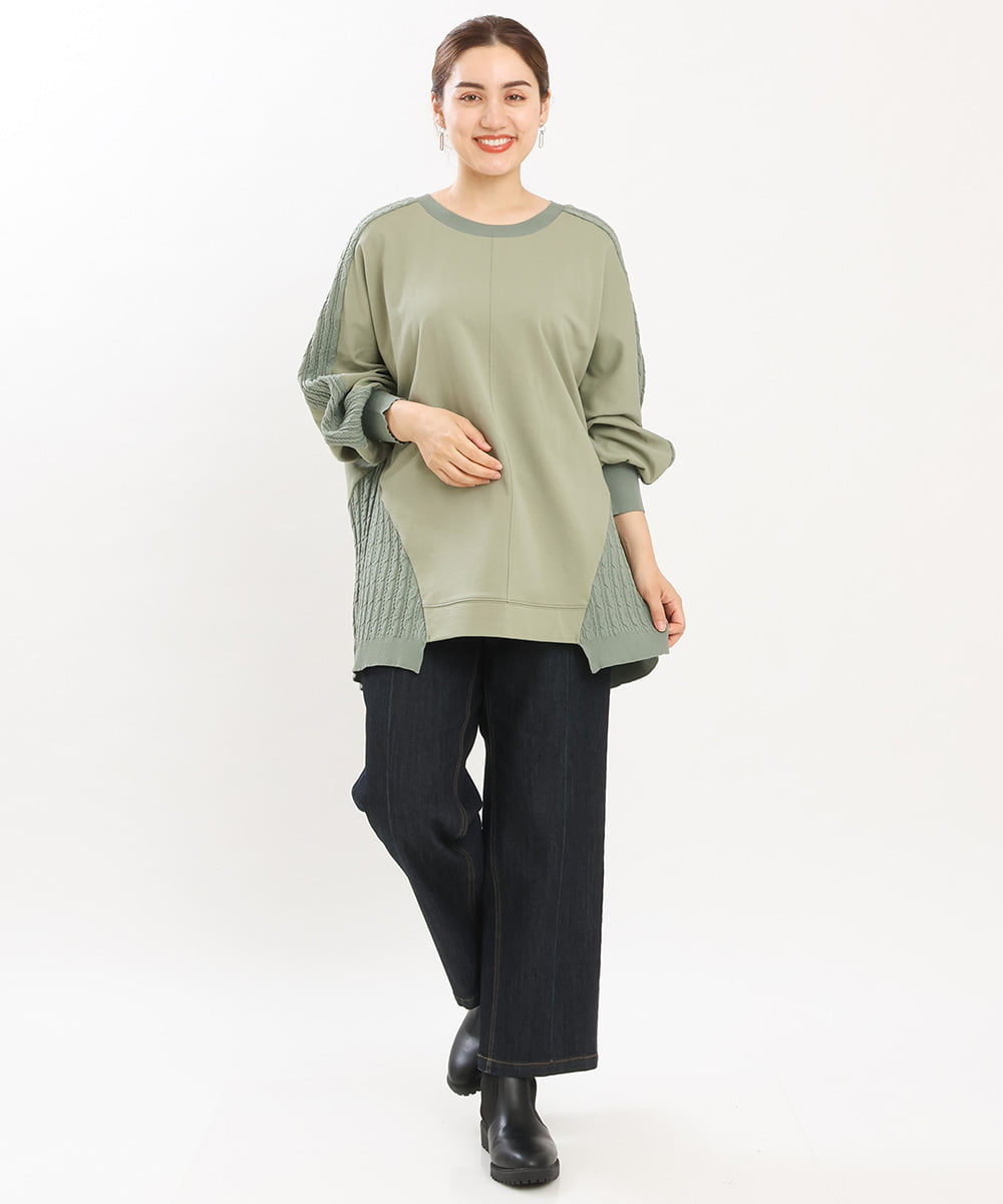 OLKKS07089 eur3(エウルキューブ) 【大きいサイズ】裏毛ニットコンビトップス カーキ(36)