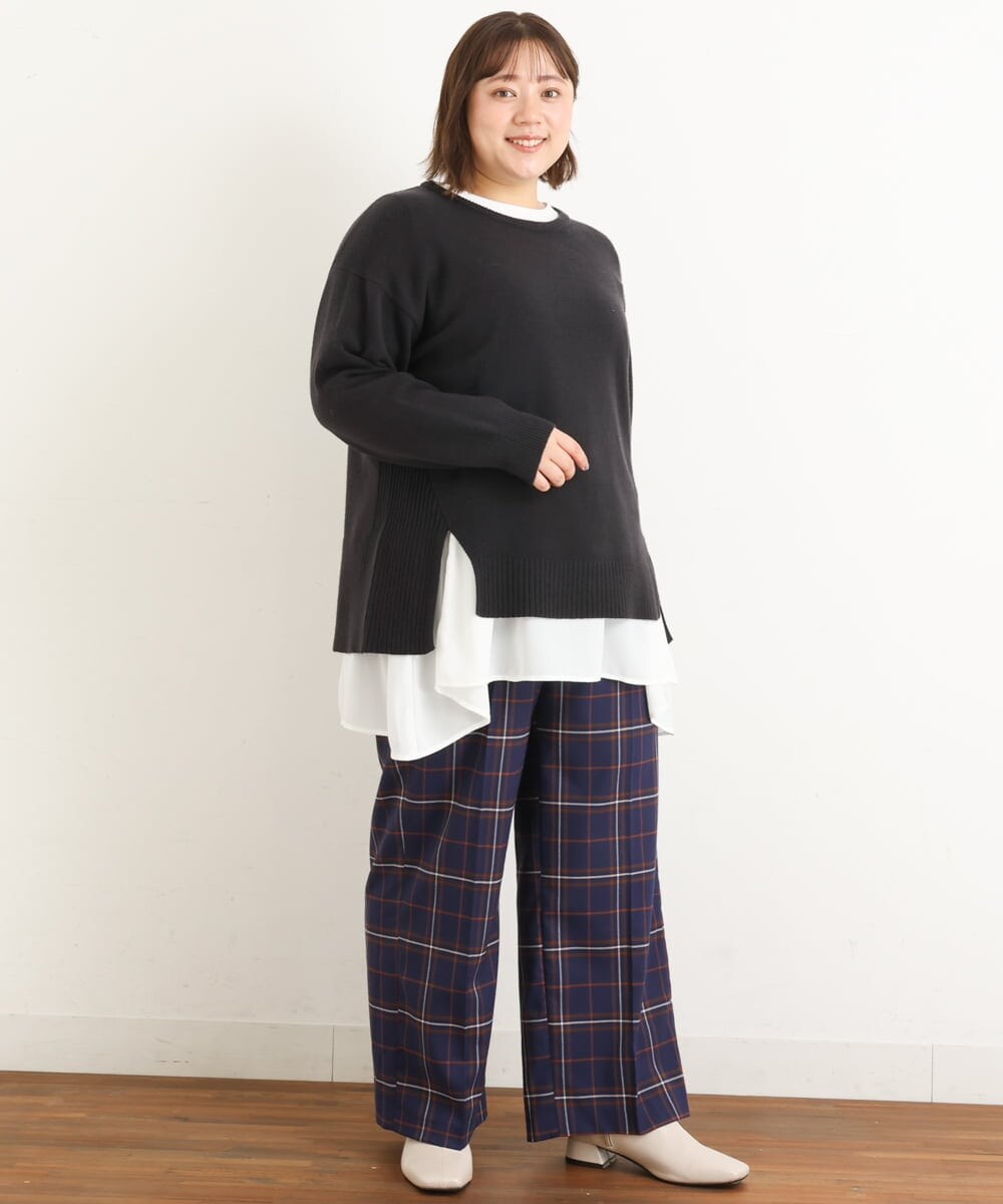 OLLAS24080 eur3(エウルキューブ) 【大きいサイズ/a.v.v×eur3】チェック柄ワイドストレートパンツ ネイビー(57)