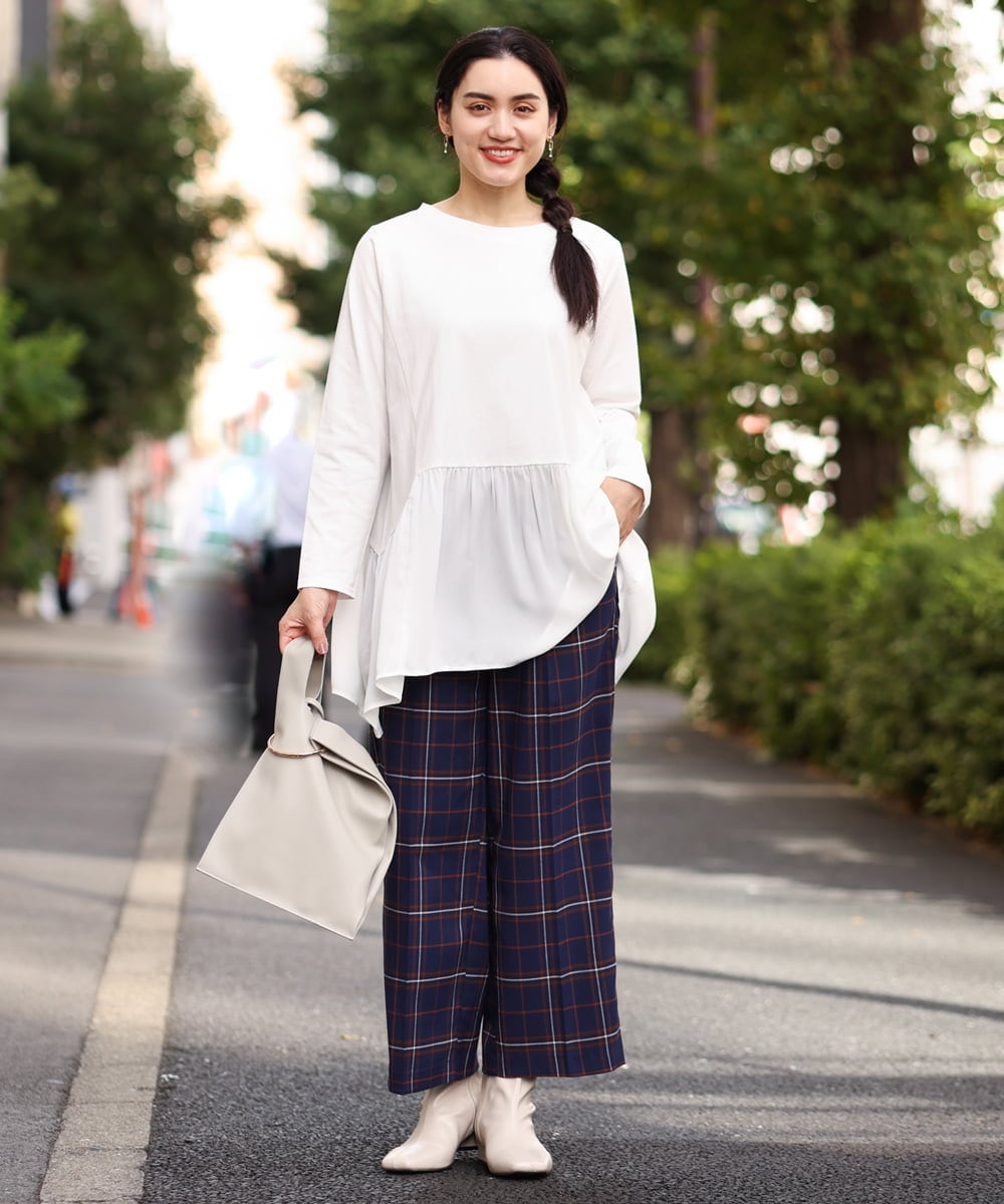 OLLAS24080 eur3(エウルキューブ) 【大きいサイズ/a.v.v×eur3】チェック柄ワイドストレートパンツ ネイビー(57)