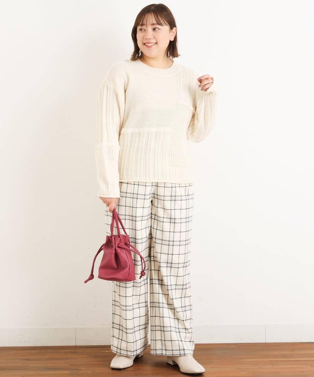 OLLAS24080 eur3(エウルキューブ) 【大きいサイズ/a.v.v×eur3】チェック柄ワイドストレートパンツ アイボリー(80)