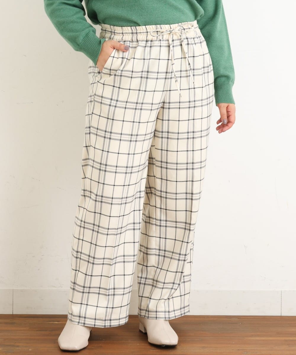 OLLAS24080 eur3(エウルキューブ) 【大きいサイズ/a.v.v×eur3】チェック柄ワイドストレートパンツ アイボリー(80)