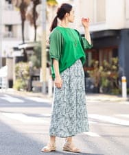 OLLFS19110 eur3(エウルキューブ) 【大きいサイズ】リーフプリントワイドパンツ ライトグリーン(30)