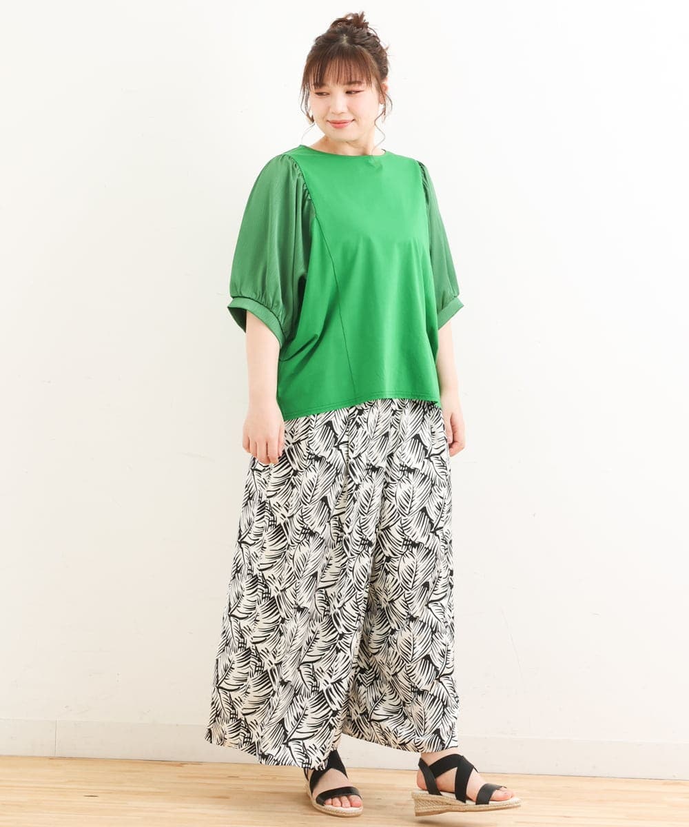 OLLFS19110 eur3(エウルキューブ) 【大きいサイズ】リーフプリントワイドパンツ ブラック(94)