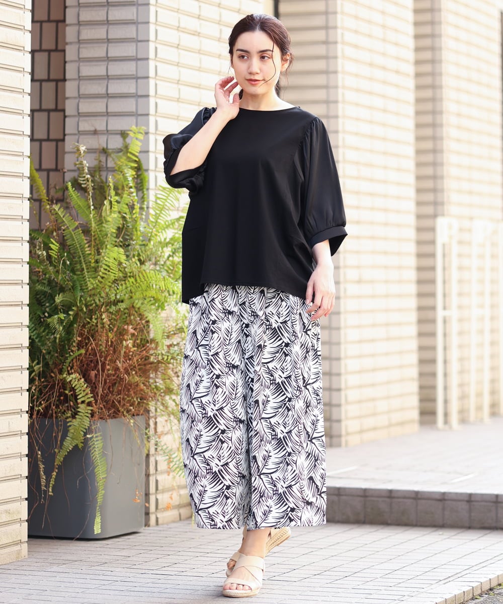 OLLFS19110 eur3(エウルキューブ) 【大きいサイズ】リーフプリントワイドパンツ ブラック(94)