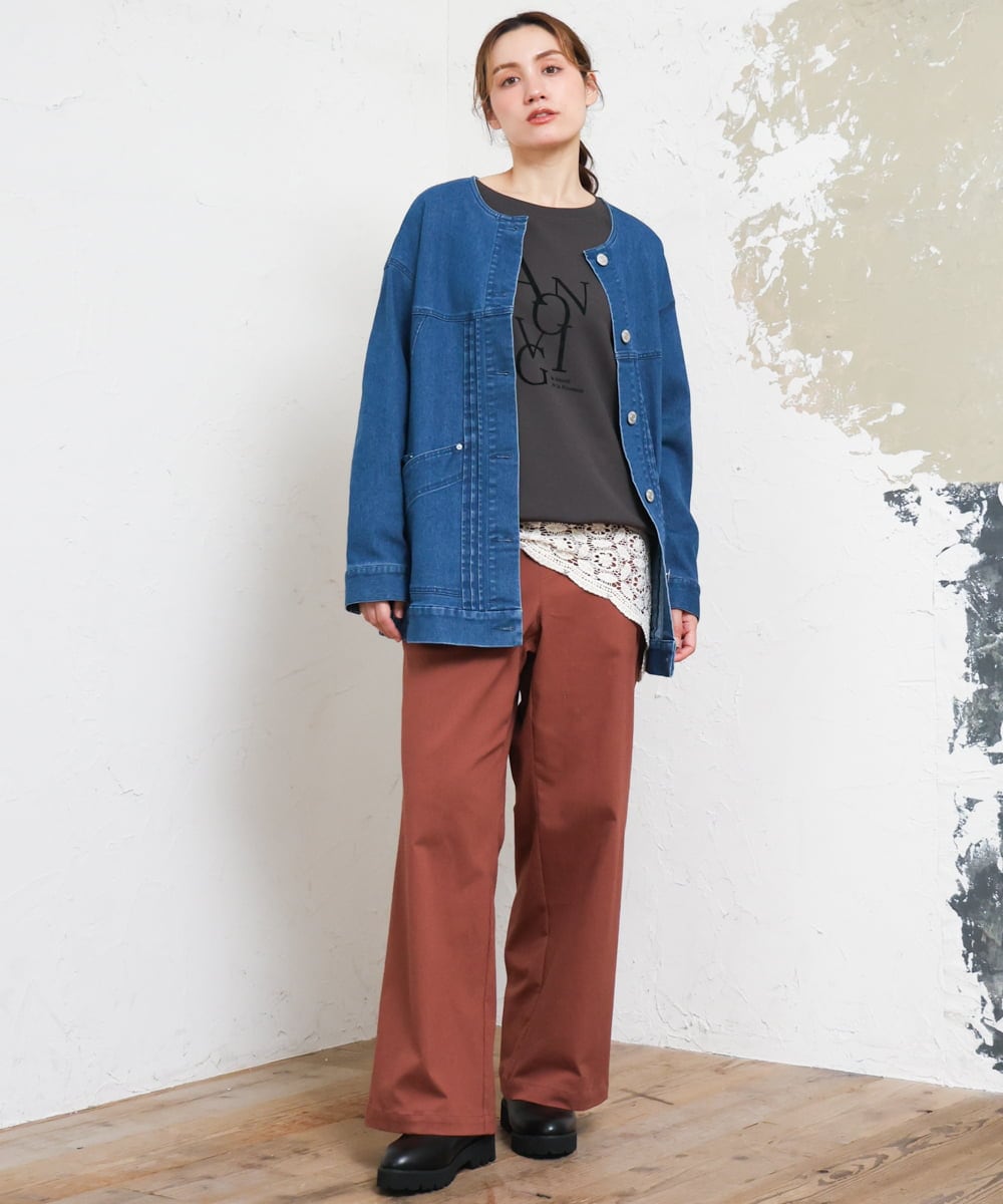 OLLKD03099 eur3(エウルキューブ) 【大きいサイズ】ワイドストレートストレッチパンツ ブラウン