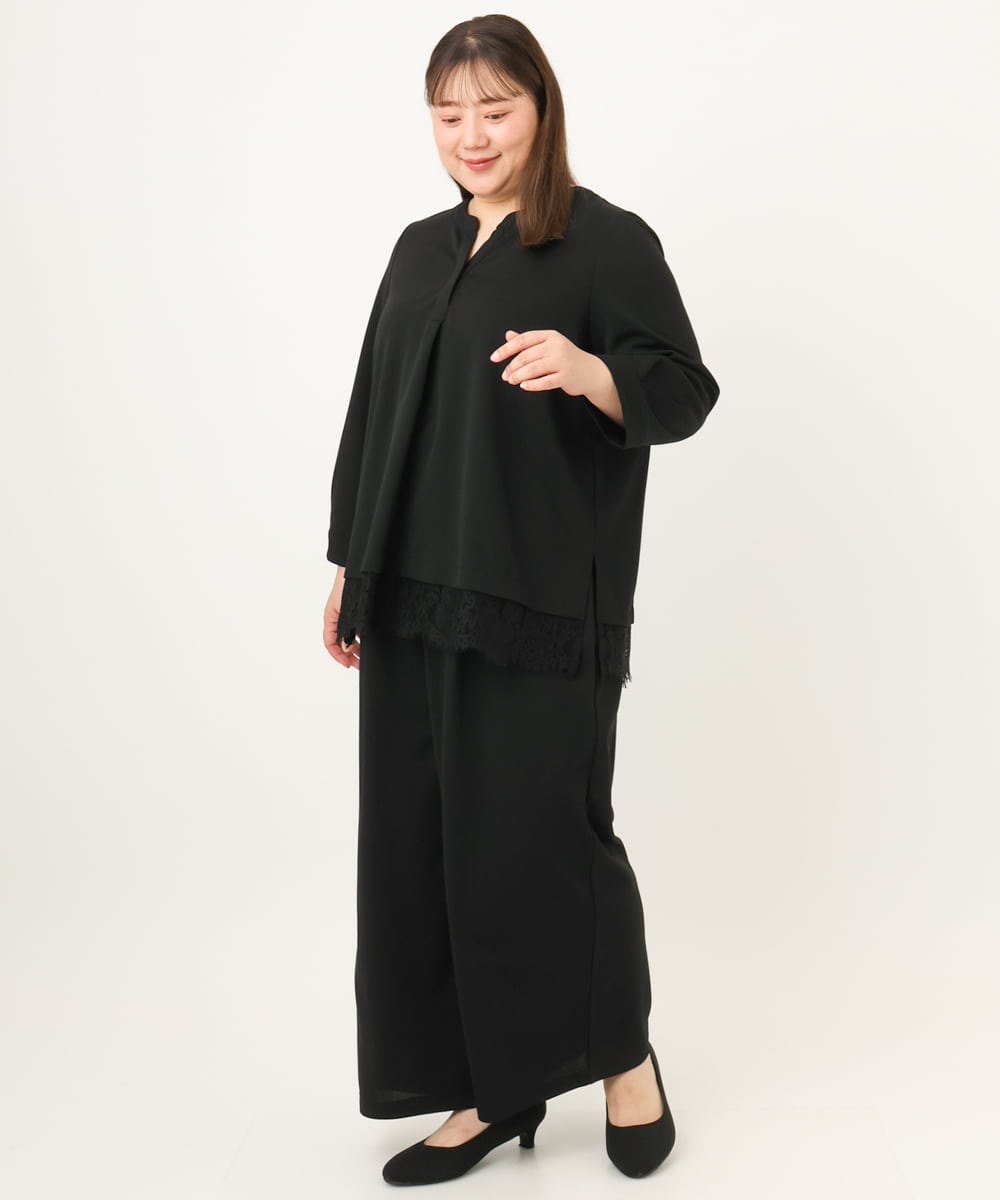 OLLKD09099 eur3(エウルキューブ) 【大きいサイズ/洗える/セットアップ対応】カットジョーゼットワイドパンツ ブラック