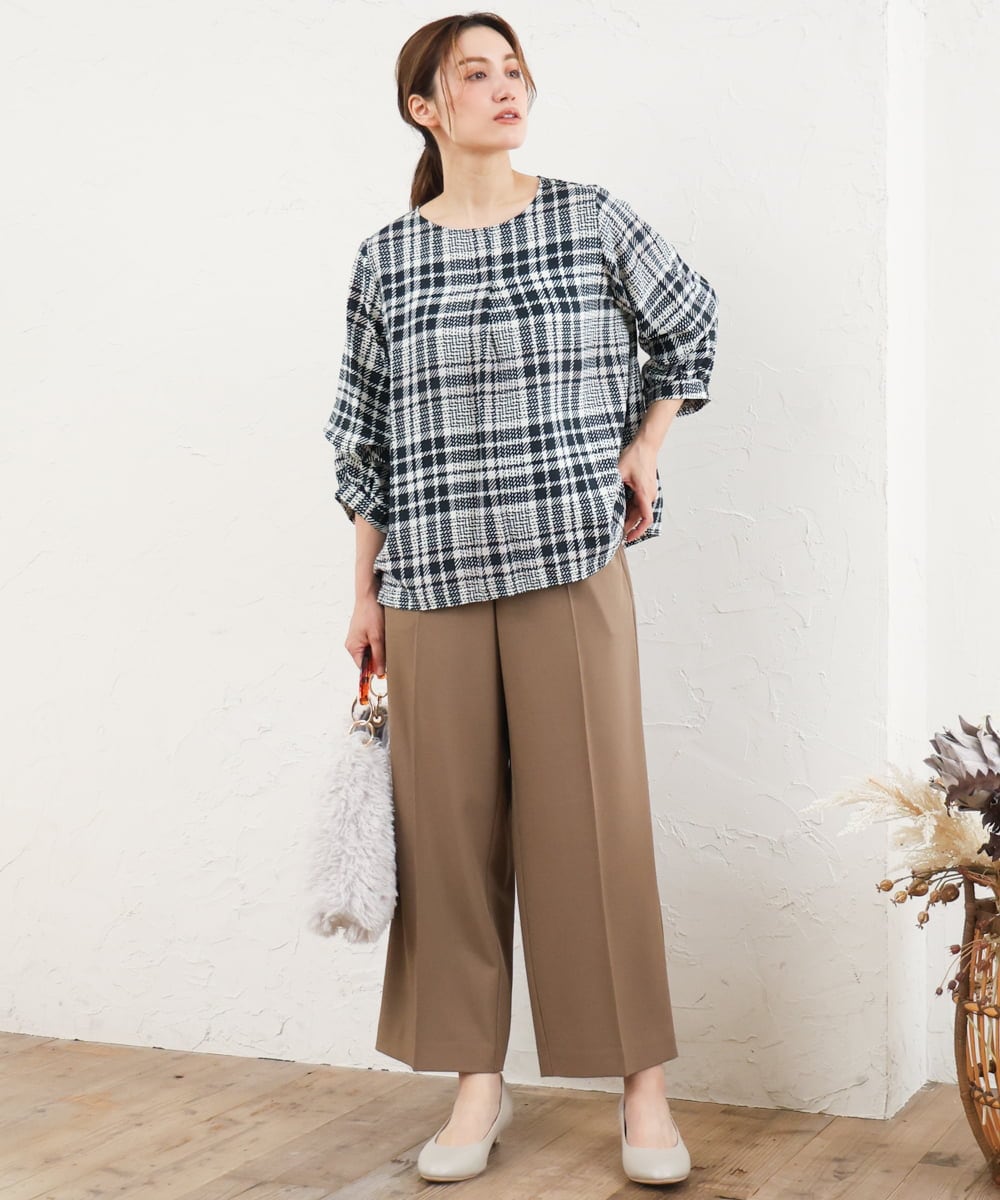 OLLKD12139 eur3(エウルキューブ) 【大きいサイズ/洗える/セットアップ対応/11号サイズあり】ストレッチセンタープレスワイドパンツ モカ