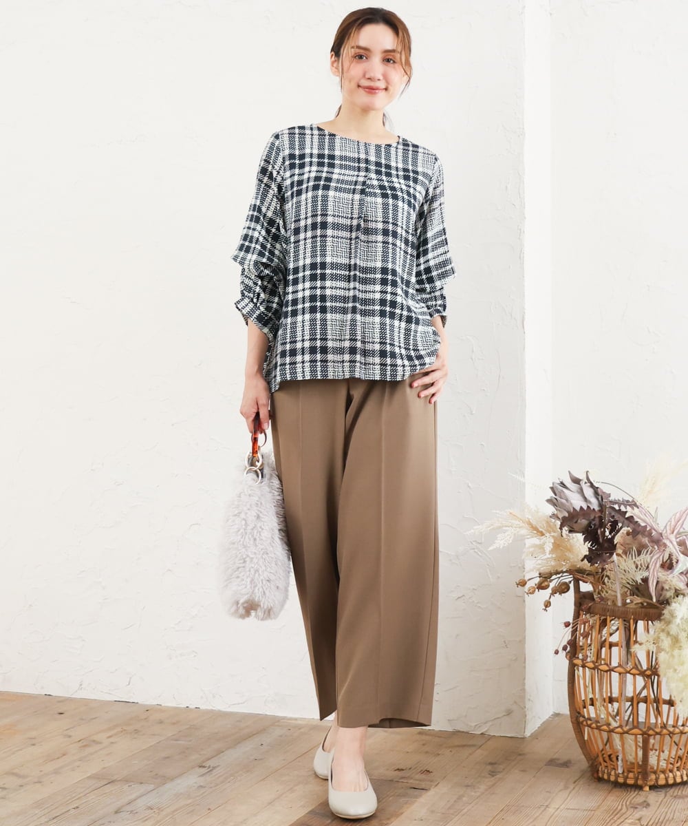 OLLKD12139 eur3(エウルキューブ) 【大きいサイズ/洗える/セットアップ対応/11号サイズあり】ストレッチセンタープレスワイドパンツ モカ
