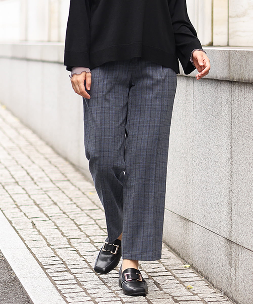 OLLKS14119 eur3(エウルキューブ) 【大きいサイズ】センタープレスチェック柄パンツ ブルー(55)
