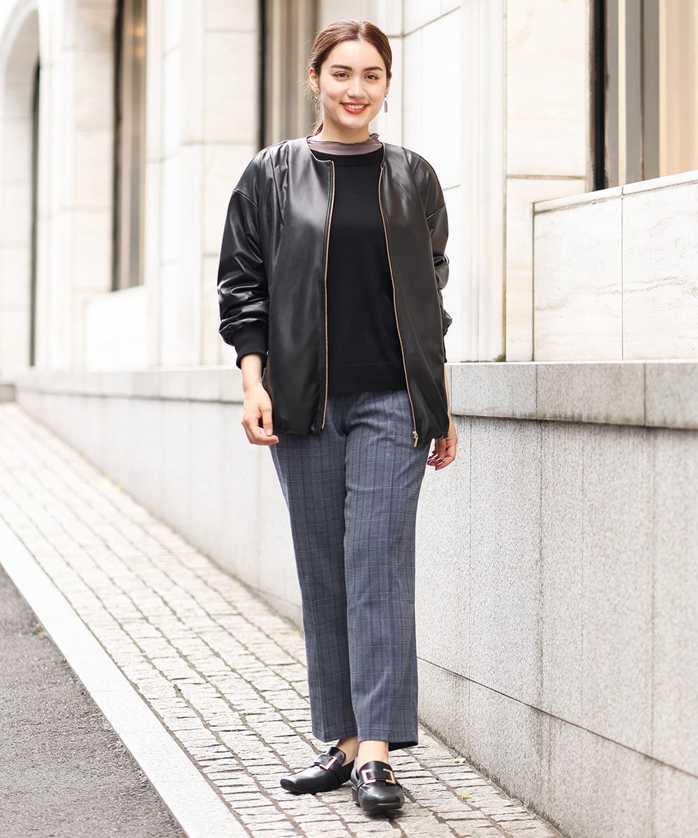 OLLKS14119 eur3(エウルキューブ) 【大きいサイズ】センタープレスチェック柄パンツ ブルー(55)