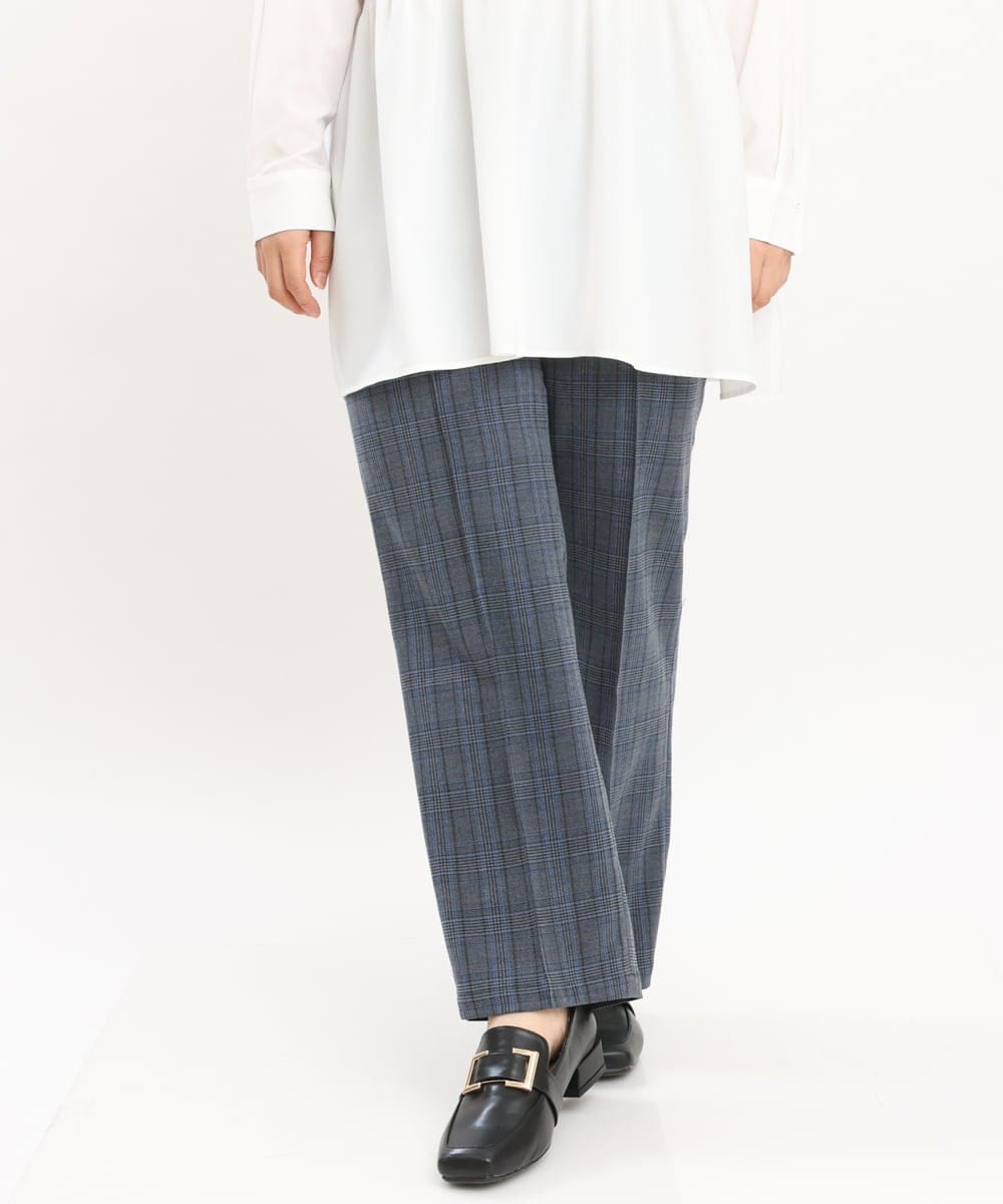 OLLKS14119 eur3(エウルキューブ) 【大きいサイズ】センタープレスチェック柄パンツ ブルー(55)
