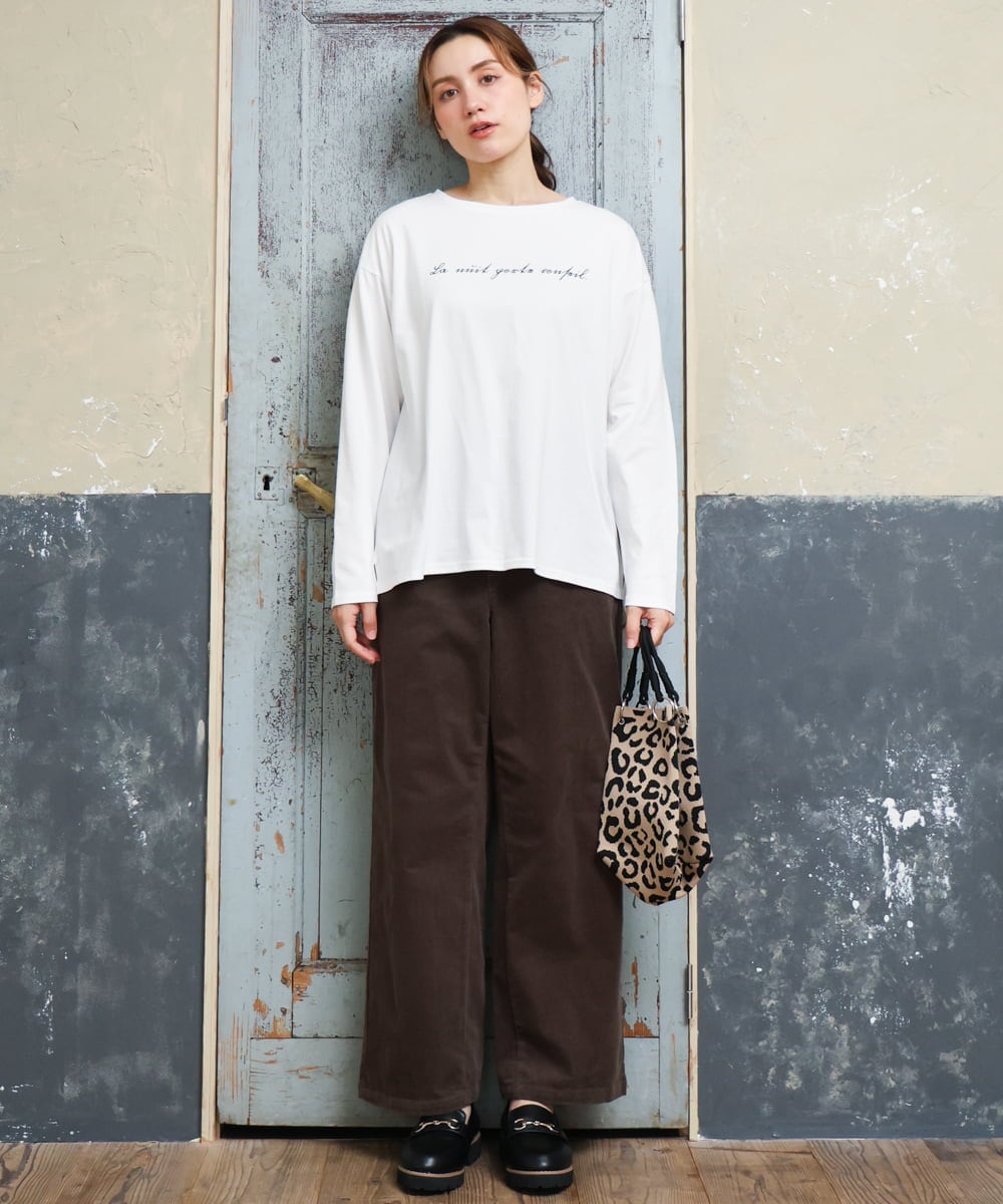 OLLLD02109 eur3(エウルキューブ) 【野呂佳代さん着用/大きいサイズ】コーデュロイワイドストレートパンツ カーキ