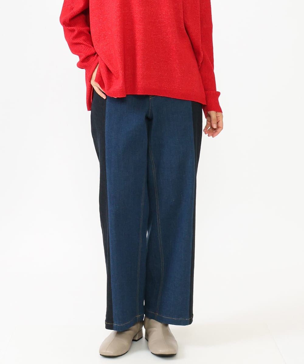 OLLLV07099 eur3(エウルキューブ) 【雑誌掲載】【大きいサイズ】ブロッキングデニムパンツ ブルー(55)