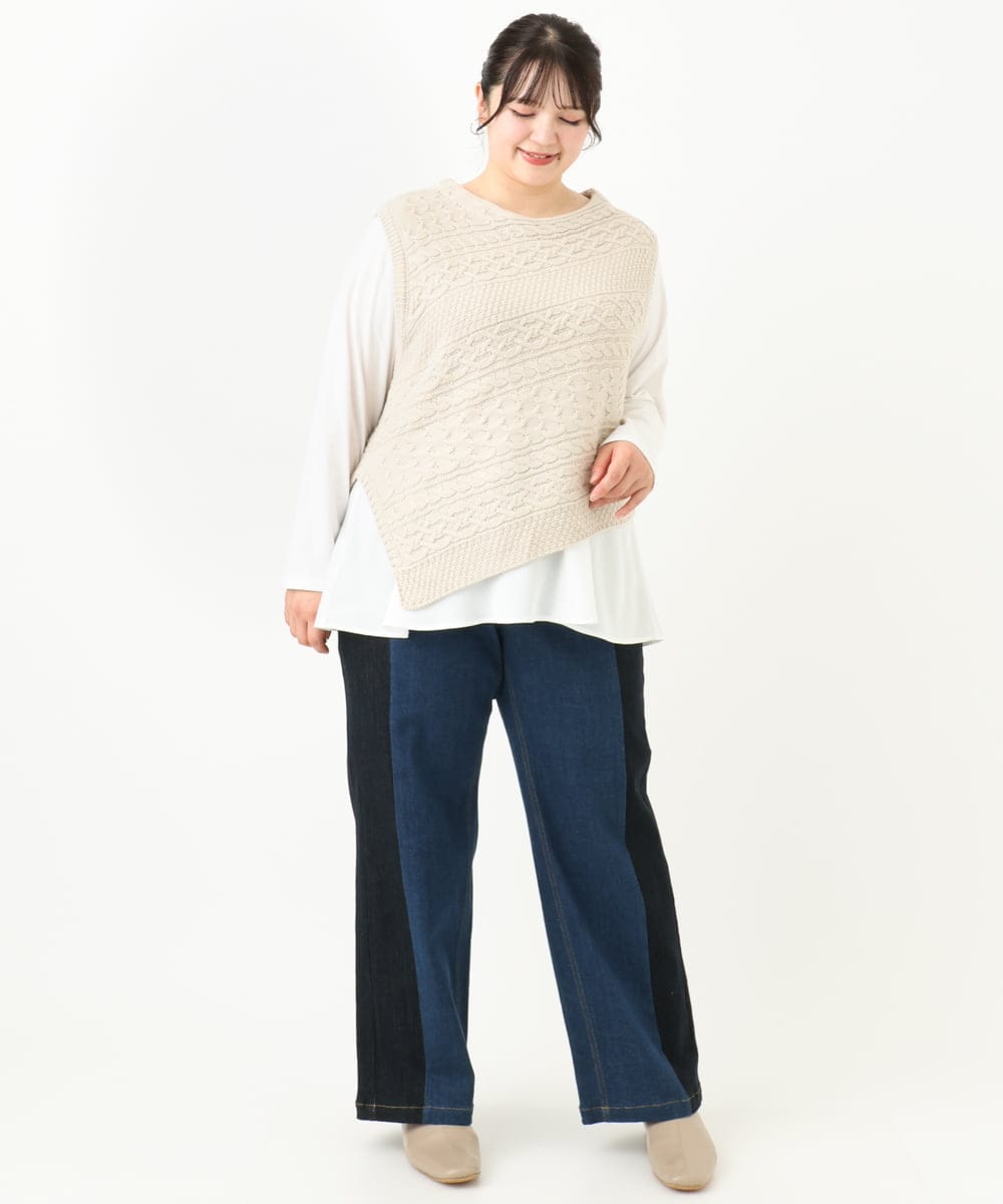 OLLLV07099 eur3(エウルキューブ) 【雑誌掲載】【大きいサイズ】ブロッキングデニムパンツ ブルー(55)