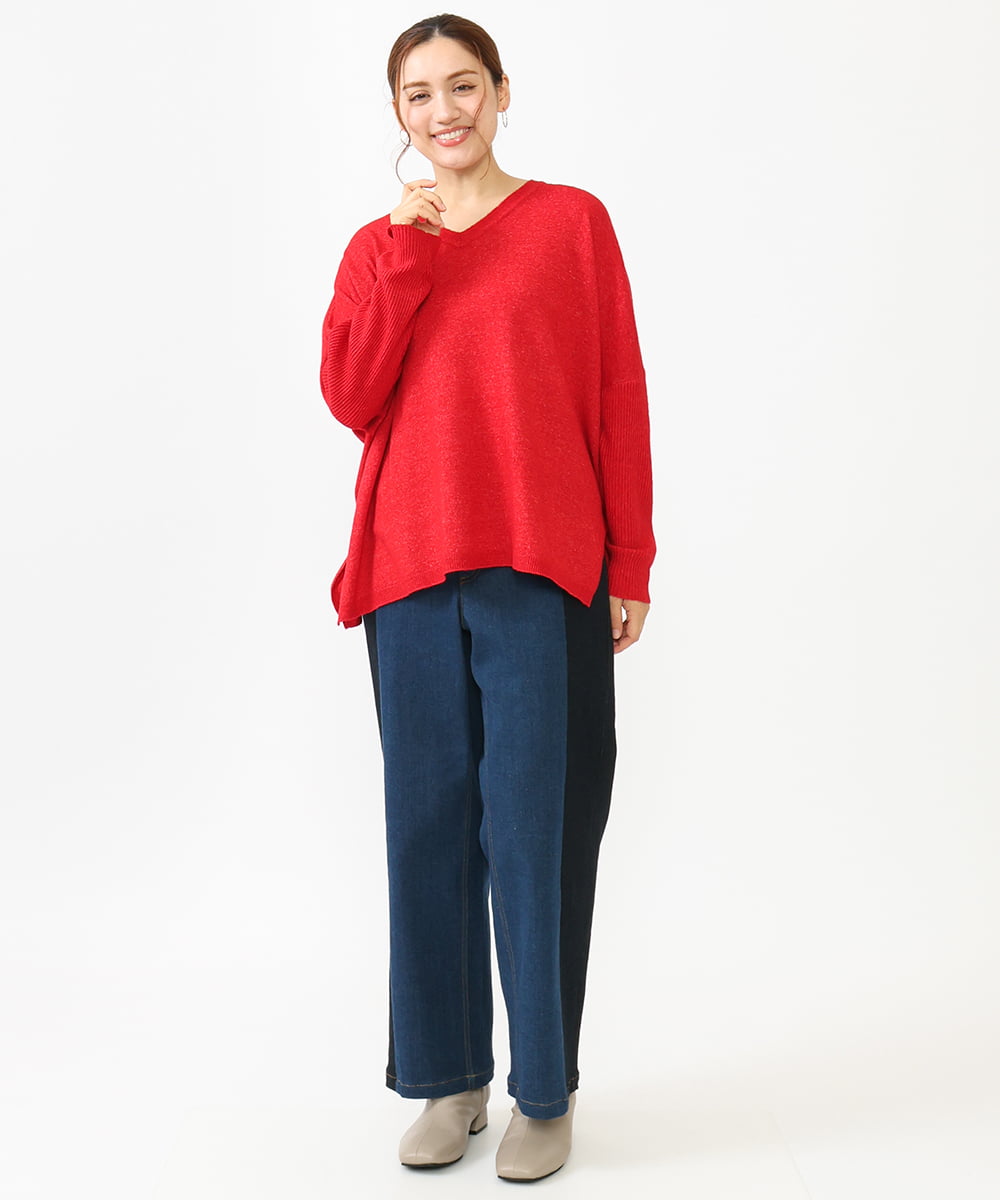 OLLLV07099 eur3(エウルキューブ) 【雑誌掲載】【大きいサイズ】ブロッキングデニムパンツ ブルー(55)
