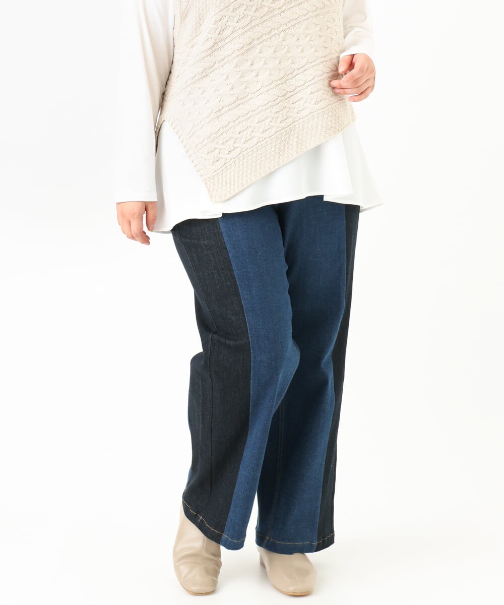 OLLLV07099 eur3(エウルキューブ) 【雑誌掲載】【大きいサイズ】ブロッキングデニムパンツ ブルー(55)