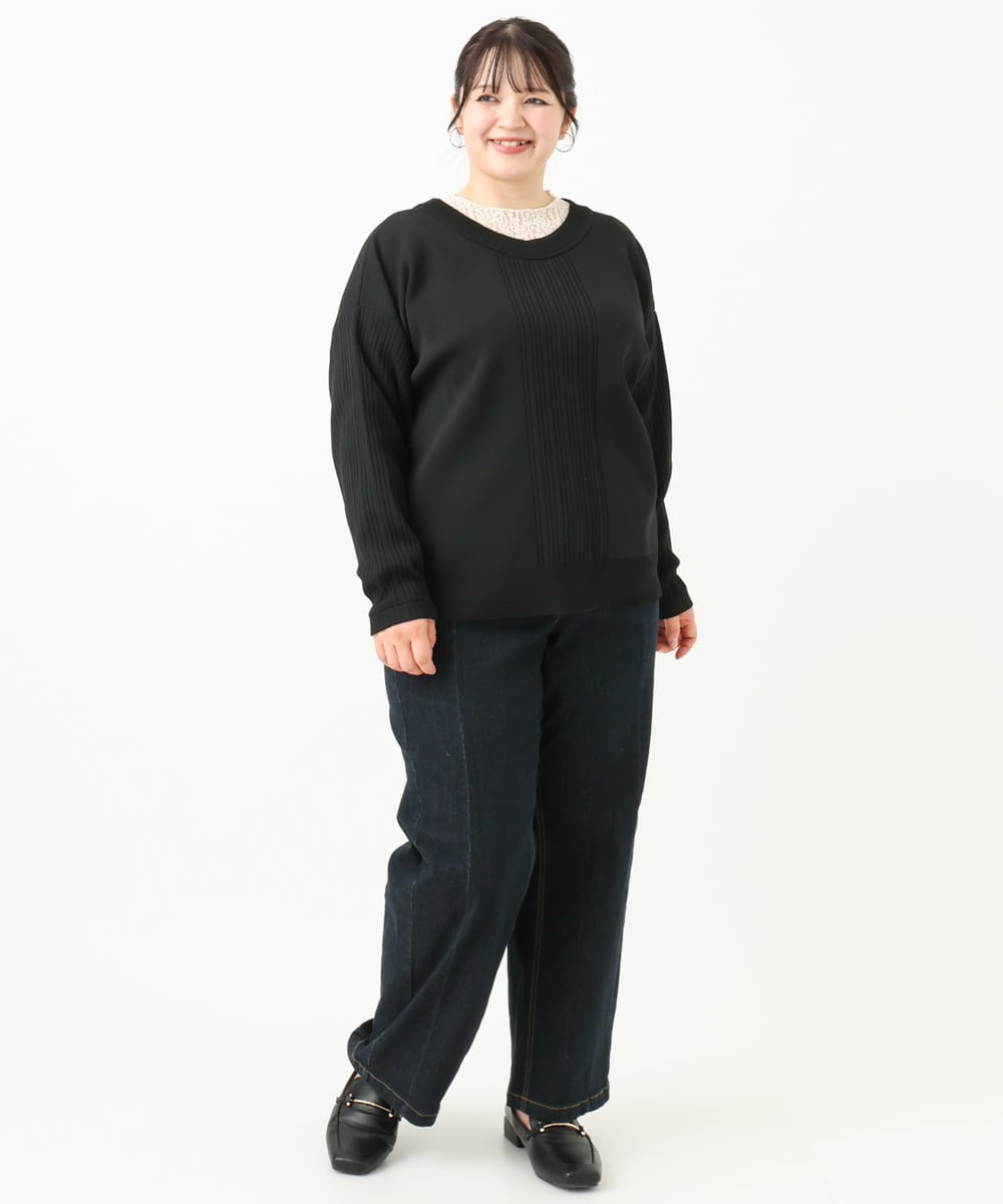 OLLLV07099 eur3(エウルキューブ) 【雑誌掲載】【大きいサイズ】ブロッキングデニムパンツ ネイビー(57)