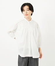 PHBGA42330 GEORGES RECH(小さいサイズ)(メゾン ドゥ サンク) バンドカラーハンドスモッキング7分袖ブラウス ホワイト