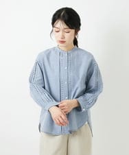 PHBGD22290 GEORGES RECH(小さいサイズ)(メゾン ドゥ サンク) アイレット刺繡8分袖ブラウス ライトブルー