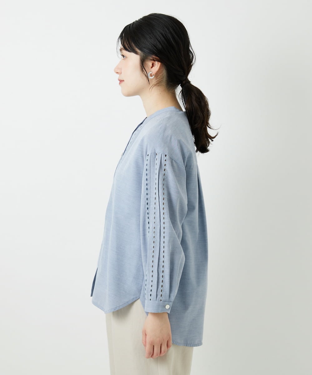PHBGD22290 GEORGES RECH(小さいサイズ)(メゾン ドゥ サンク) アイレット刺繡8分袖ブラウス ライトブルー