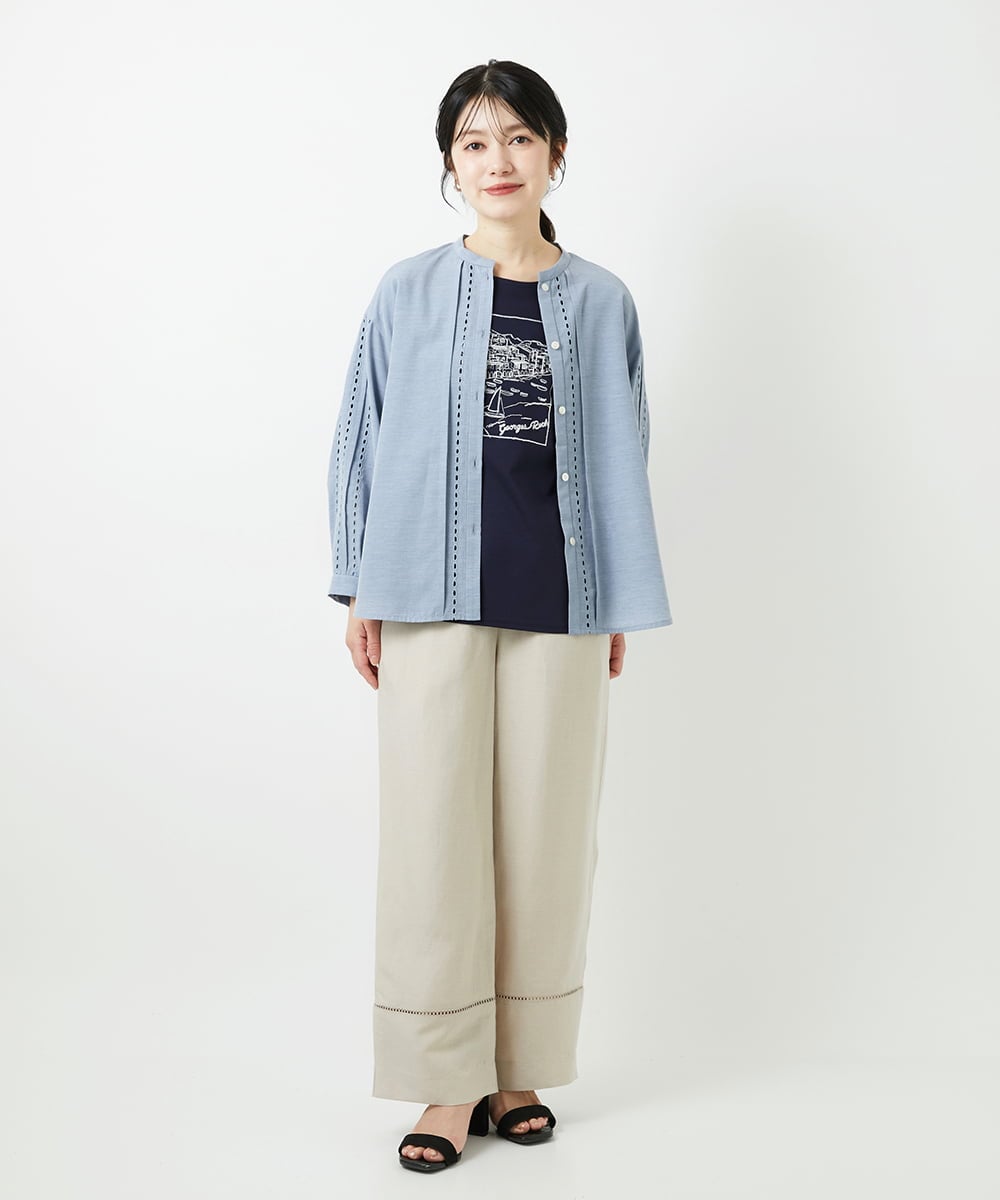 PHBGD22290 GEORGES RECH(小さいサイズ)(メゾン ドゥ サンク) アイレット刺繡8分袖ブラウス ライトブルー