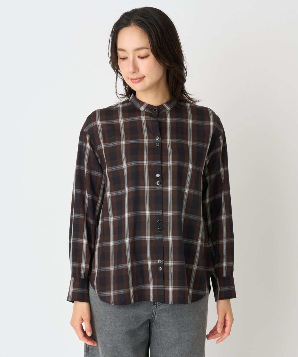 PHBJE21290 GEORGES RECH(小さいサイズ)(メゾン ドゥ サンク)  [セットアップ対応]スタンドカラーチェックブラウス ブラウン