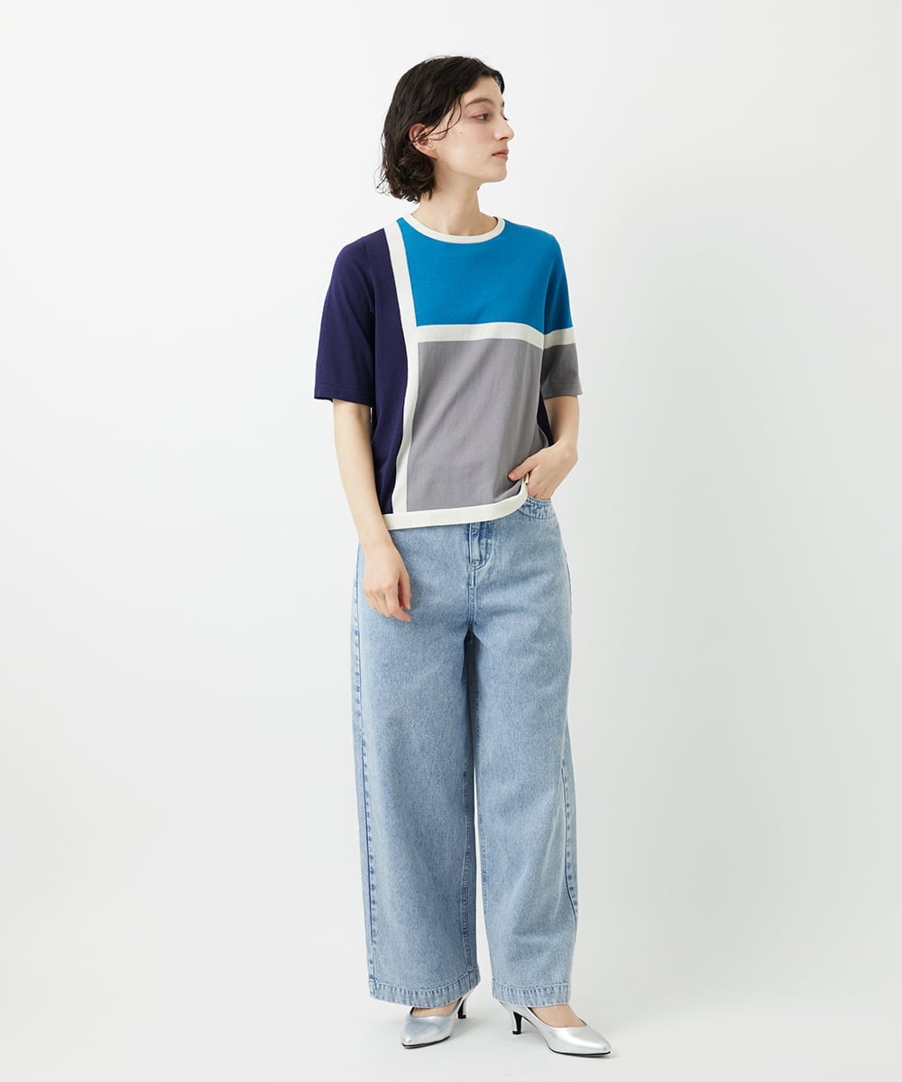 PHFGD13250 GEORGES RECH(小さいサイズ)(メゾン ドゥ サンク) カラーブロックインターシャニット ブルー