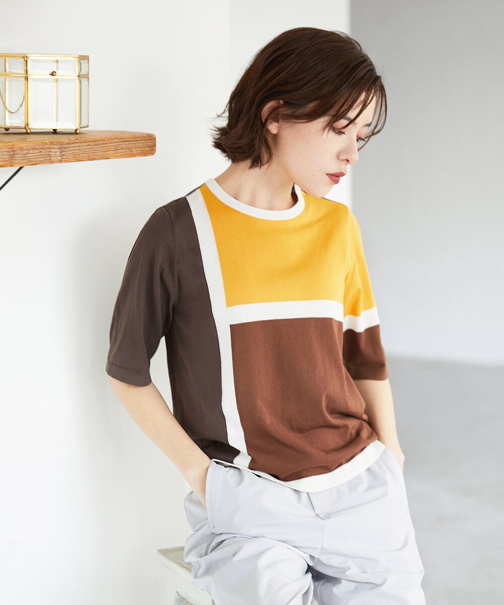 PHFGD13250 GEORGES RECH(小さいサイズ)(メゾン ドゥ サンク) カラーブロックインターシャニット ブルー