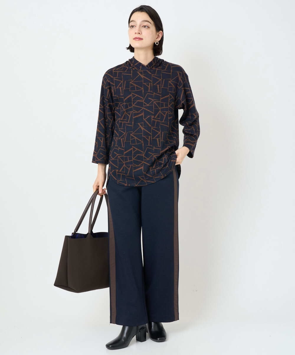 PHKAD22290 GEORGES RECH(小さいサイズ)(メゾン ドゥ サンク)  [日本製]ダブルフェイスミニフード9分袖ロゴカットソー ネイビー