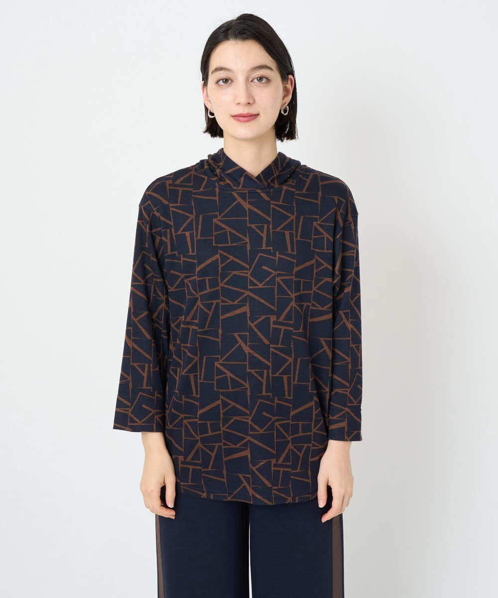 PHKAD22290 GEORGES RECH(小さいサイズ)(メゾン ドゥ サンク)  [日本製]ダブルフェイスミニフード9分袖ロゴカットソー ネイビー