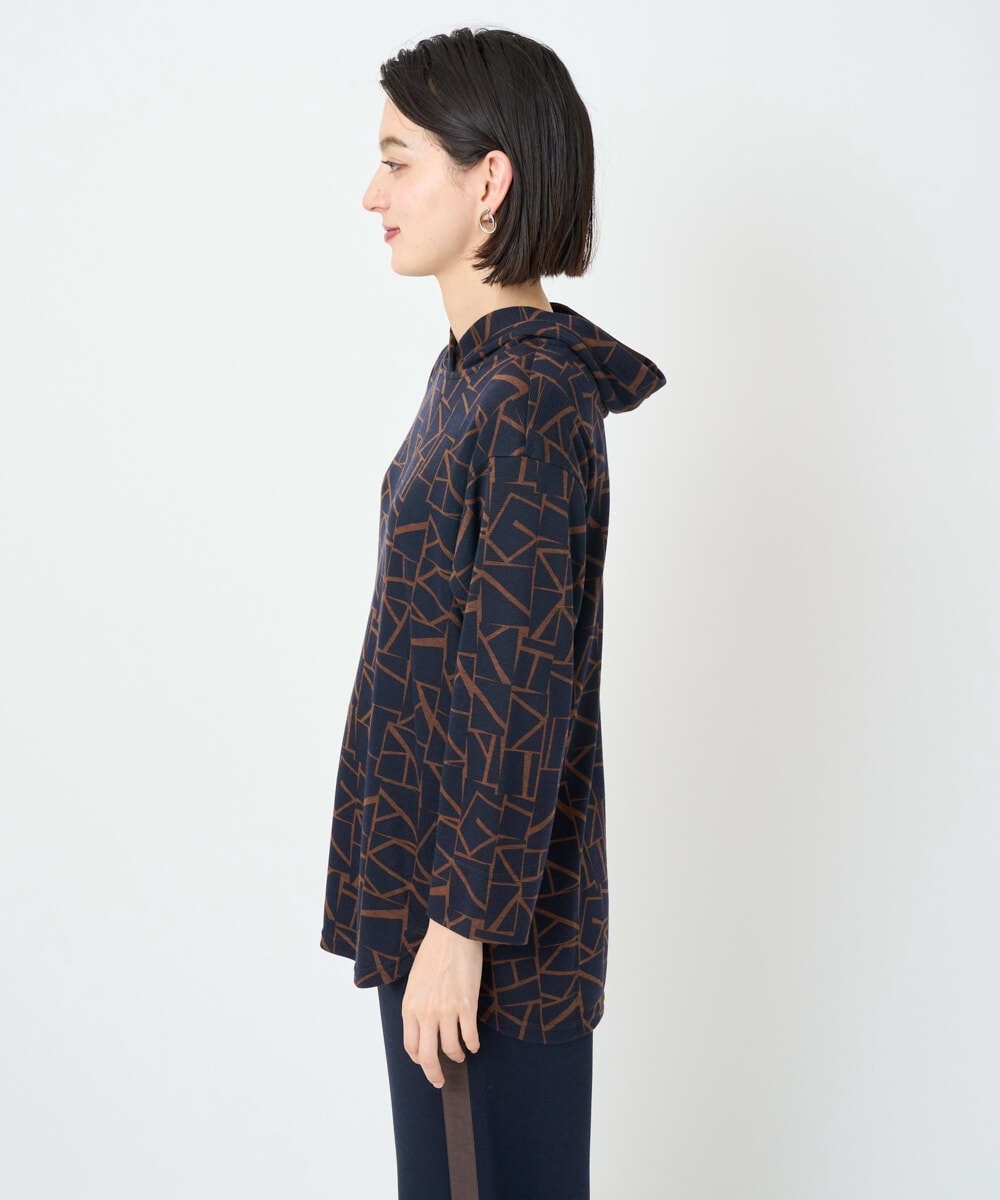 PHKAD22290 GEORGES RECH(小さいサイズ)(メゾン ドゥ サンク)  [日本製]ダブルフェイスミニフード9分袖ロゴカットソー ネイビー