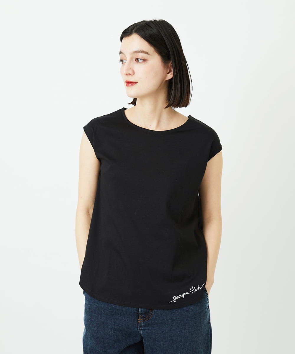 PHKEE46110 GEORGES RECH(小さいサイズ)(メゾン ドゥ サンク) ロゴ刺繍フレンチスリーブカットソー ブラック