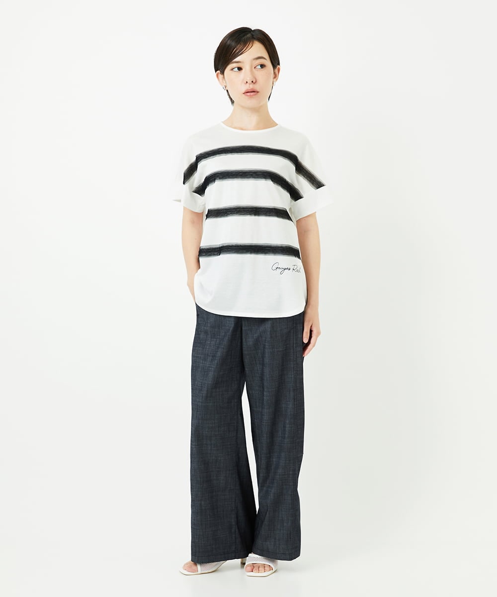 PHKJB30180 GEORGES RECH(小さいサイズ)(メゾン ドゥ サンク) [接触冷感]スーパークールチュールボーダーカットソー ホワイト