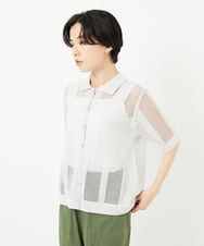 PHSHA60240 GEORGES RECH(小さいサイズ)(メゾン ドゥ サンク) ラメ襟付きシアーメッシュニット羽織 グレーホワイト