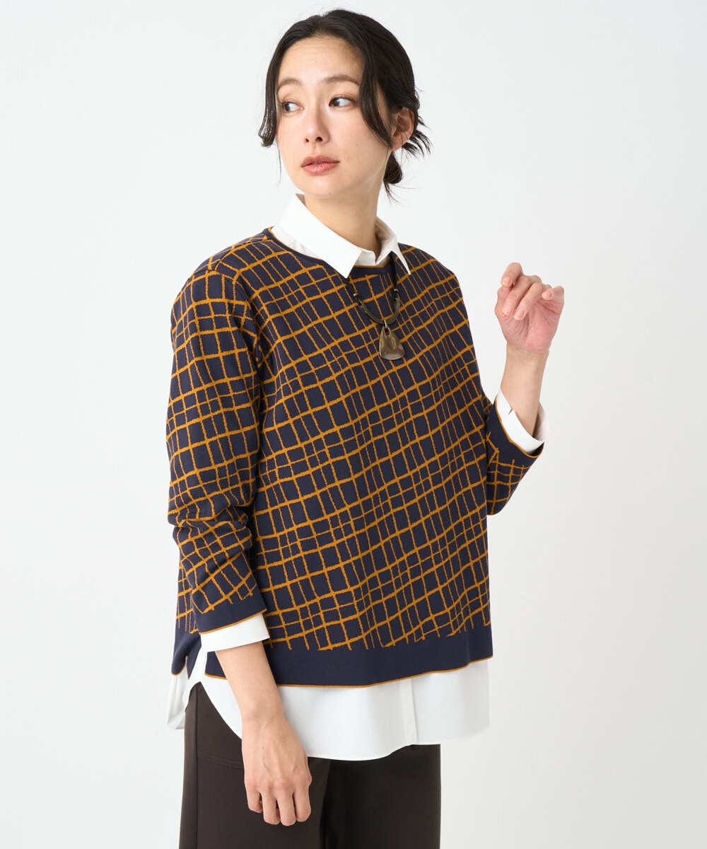 PZFJB42270 GEORGES RECH(ジョルジュ・レッシュ)  [日本製]配色デザイン8分袖ジャージーニット アイボリー