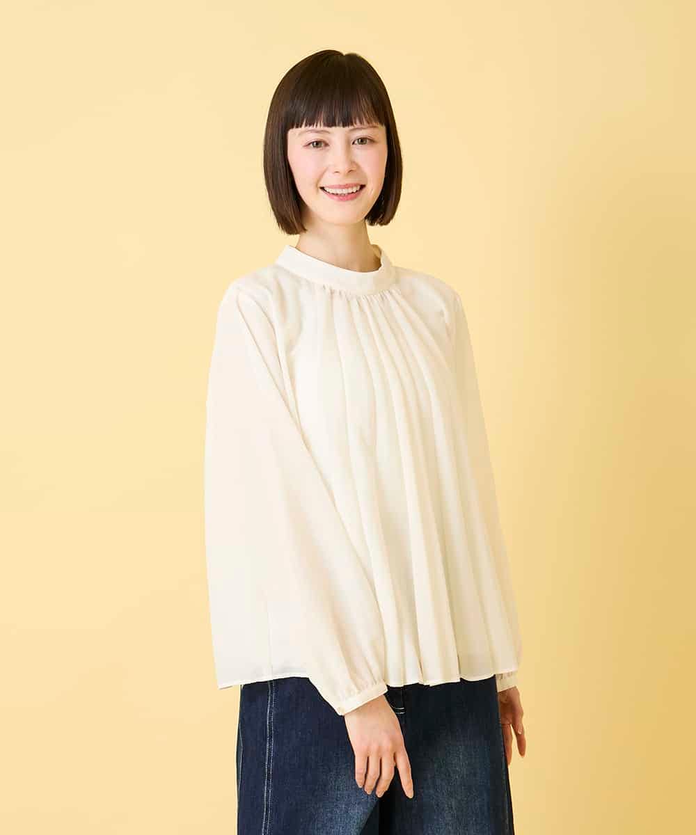 R6BED50260 HIROKO BIS(小さいサイズ)(メゾン ドゥ サンク) 【小さいサイズ】スタンドカラーかまぼこプリーツブラウス ダークグレー