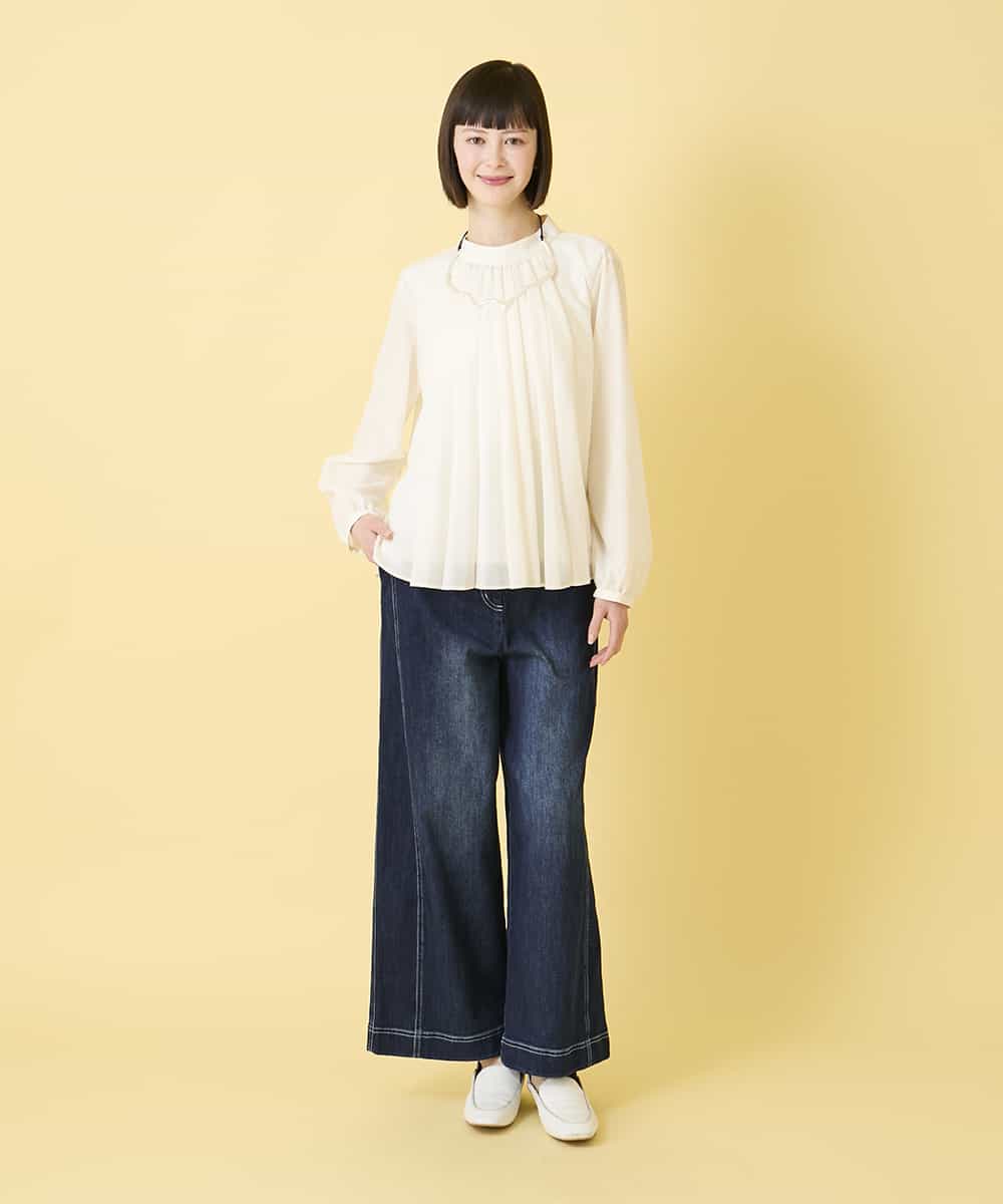 R6BED50260 HIROKO BIS(小さいサイズ)(メゾン ドゥ サンク) 【小さいサイズ】スタンドカラーかまぼこプリーツブラウス ダークグレー