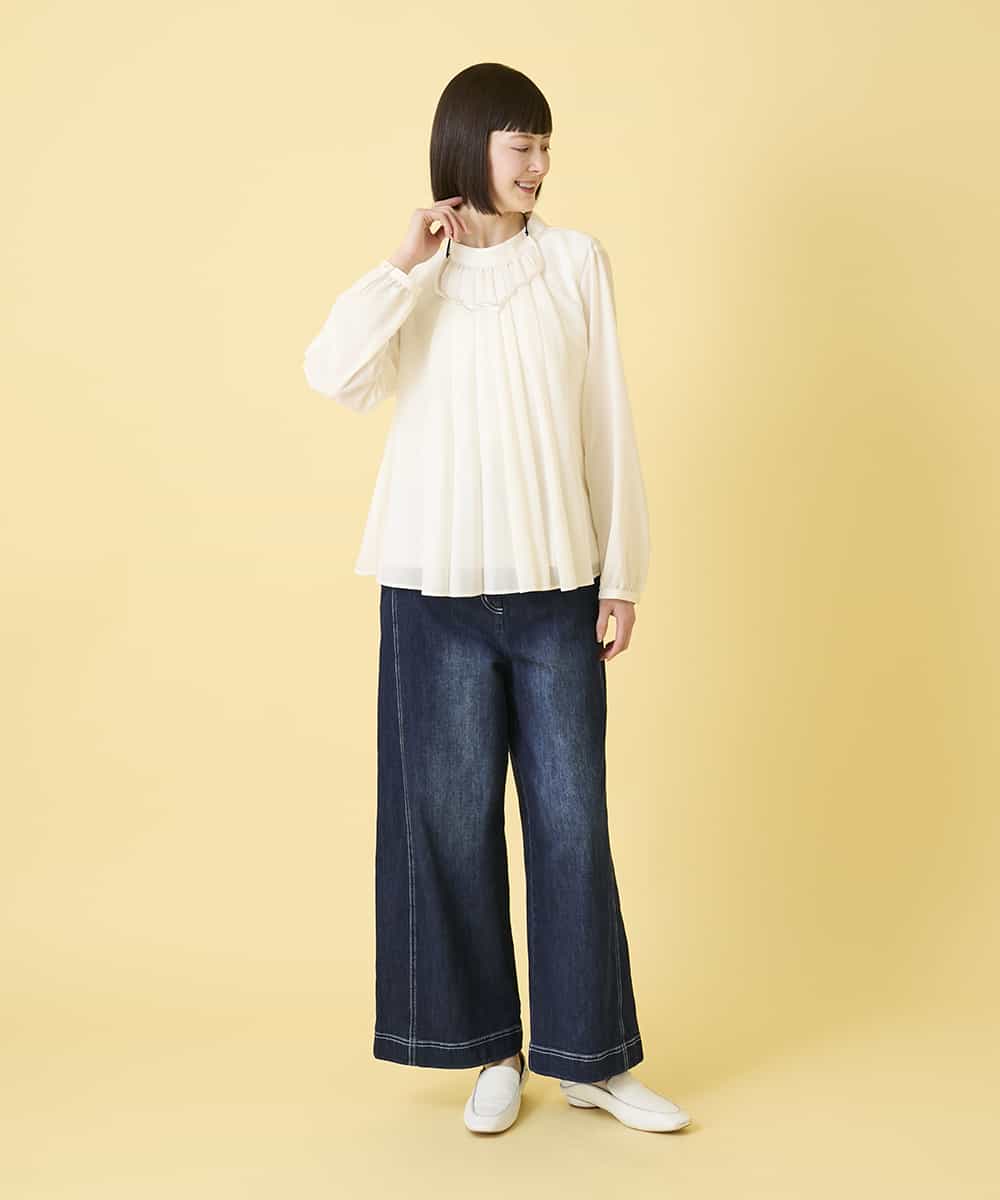 R6BED50260 HIROKO BIS(小さいサイズ)(メゾン ドゥ サンク) 【小さいサイズ】スタンドカラーかまぼこプリーツブラウス ダークグレー