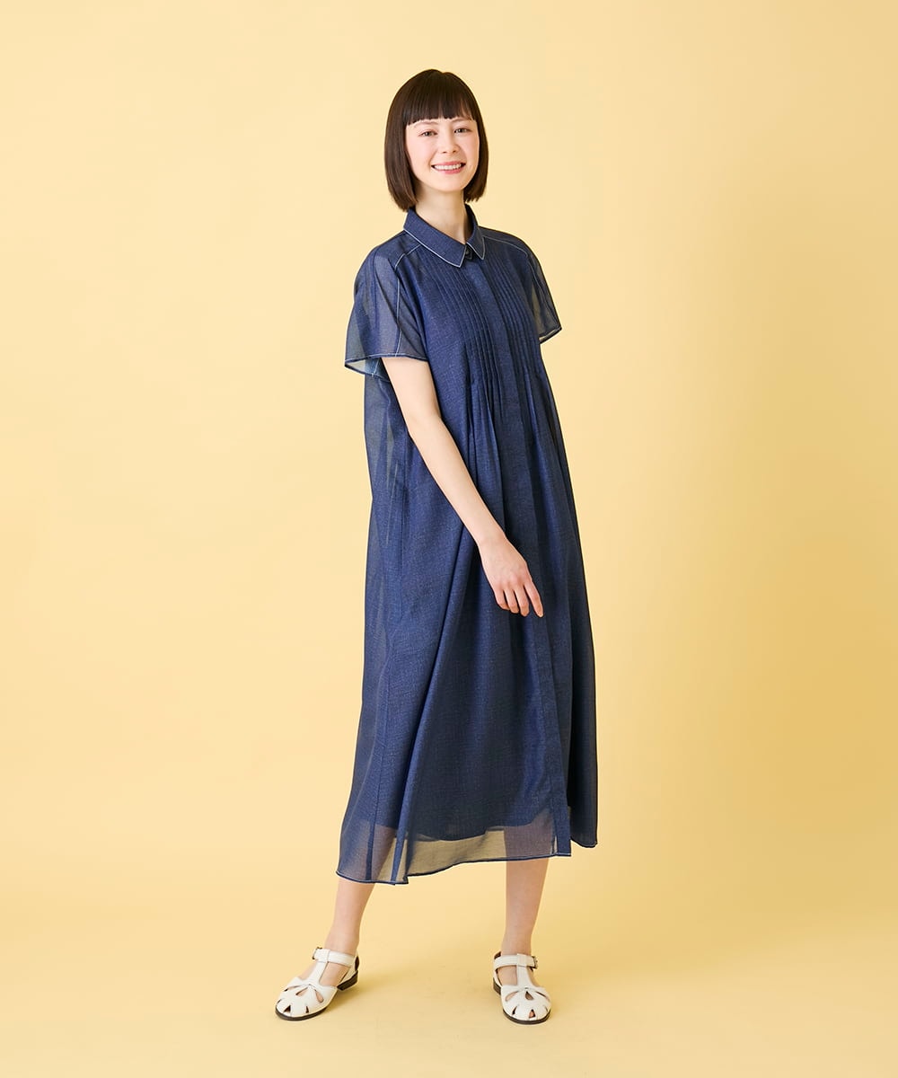 R6EGE31340 HIROKO BIS(小さいサイズ)(メゾン ドゥ サンク) 【小さいサイズ】サテンデニムピンタックデザインワンピース ネイビー
