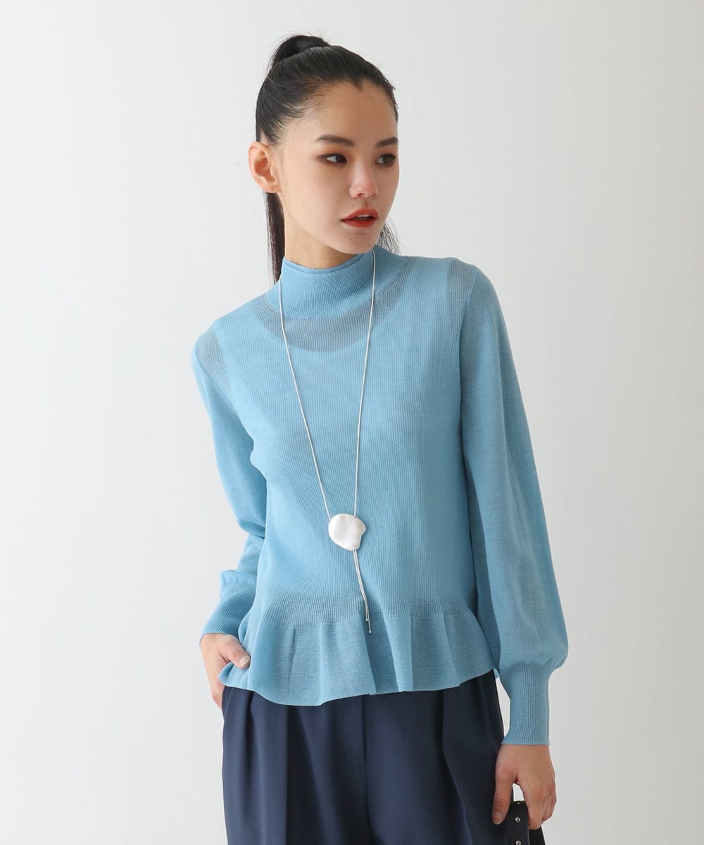 R6FCB76230 HIROKO BIS(小さいサイズ)(メゾン ドゥ サンク) 【小さいサイズ】ダブルハイネックペプラムニットプルオーバー ライトブルー