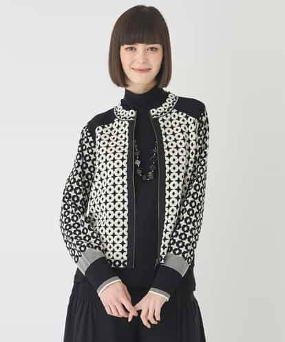 R6FCE80390 HIROKO BIS(小さいサイズ) 【小さいサイズ】ジャカード×インターシャ幾何柄ニットカーディガン