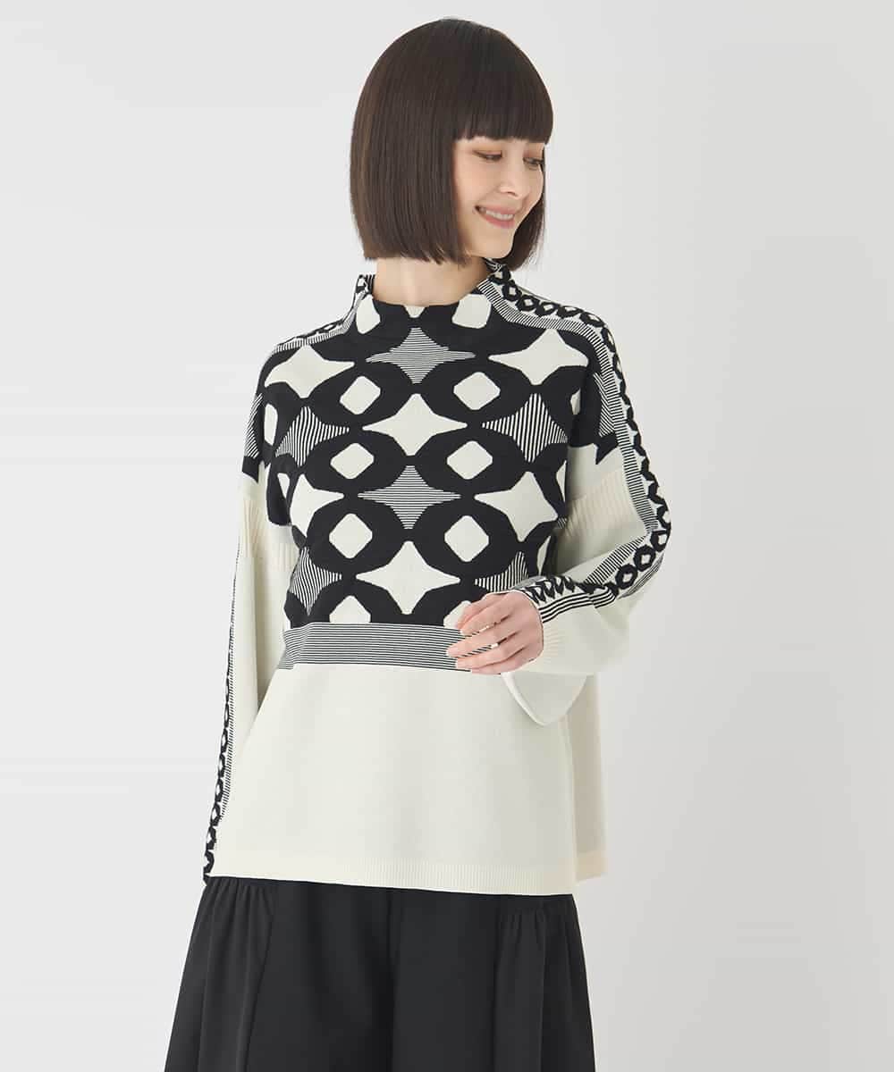 R6FCE81330 HIROKO BIS(小さいサイズ)(メゾン ドゥ サンク) 【小さいサイズ】ジャカード×インターシャ幾何柄ニットプルオーバー アイボリー