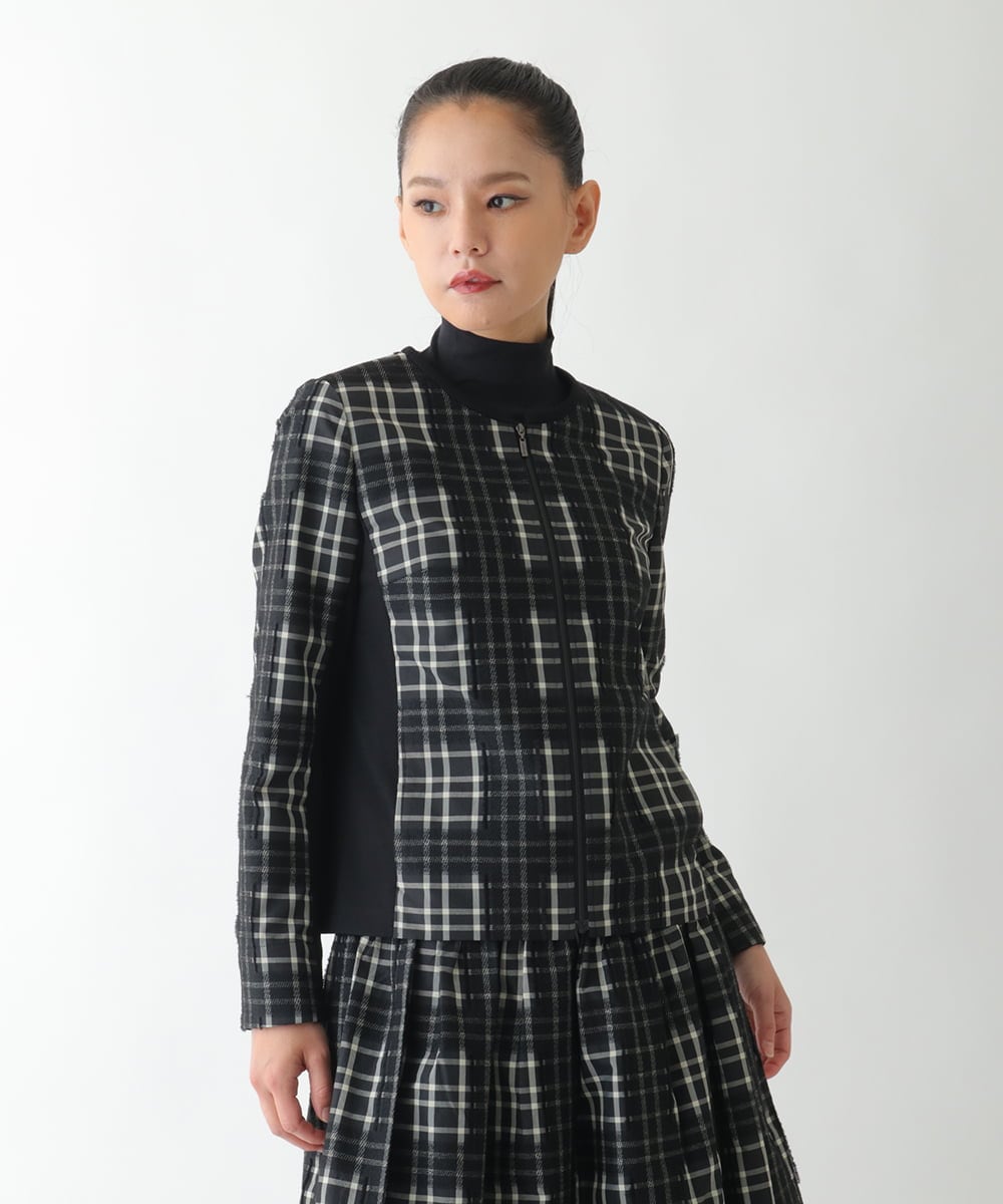 R6JAE50430 HIROKO BIS(小さいサイズ)(メゾン ドゥ サンク) 【小さいサイズ】チェックジャカードジップアップジャケット ブラック