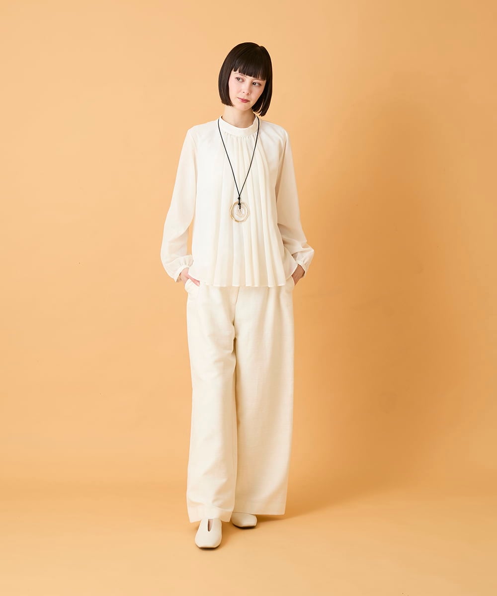 RBBED50260 HIROKO BIS(ヒロコ ビス) スタンドカラーかまぼこプリーツブラウス /洗える チャコールブラウン