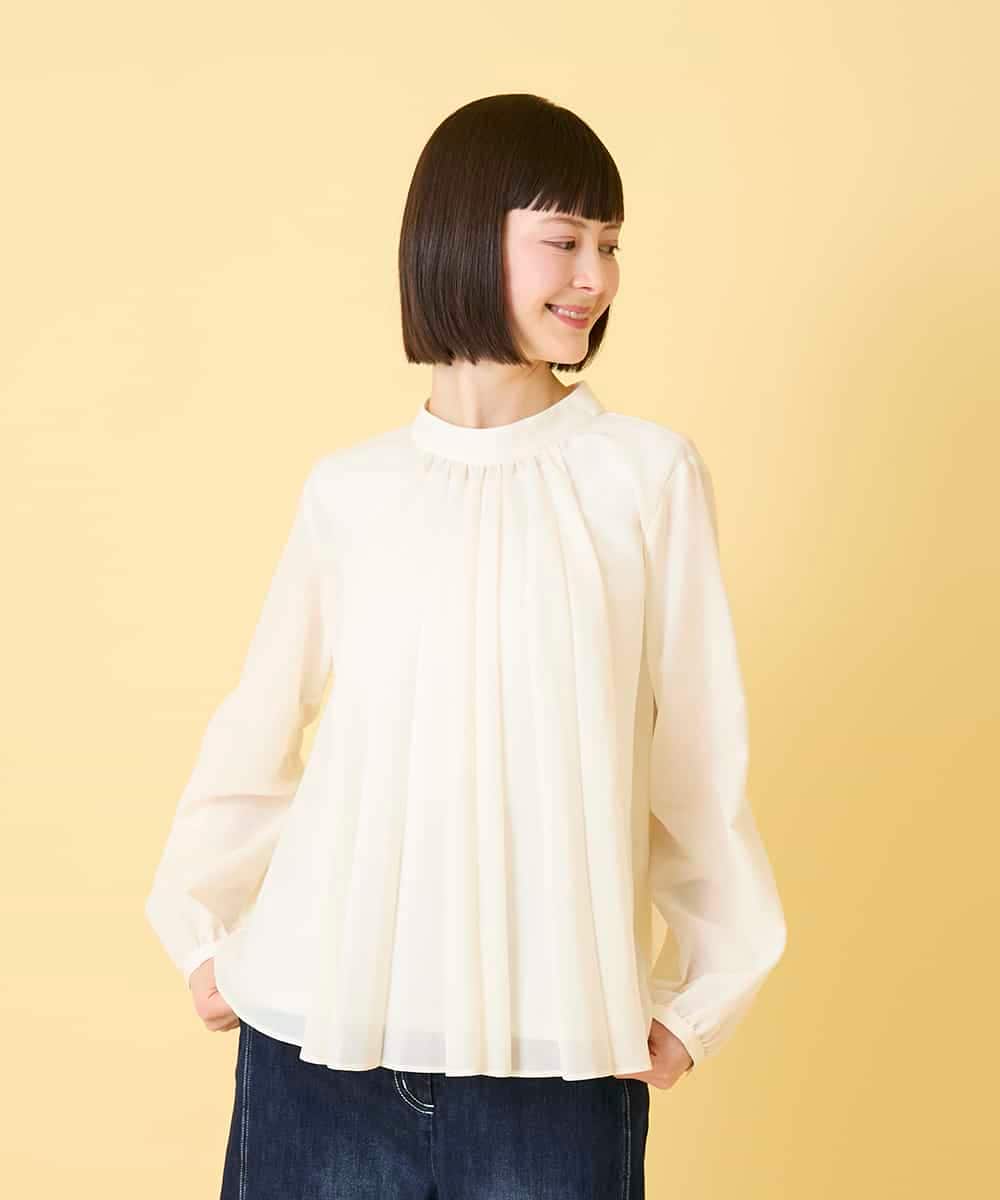 RBBED50260 HIROKO BIS(ヒロコ ビス) スタンドカラーかまぼこプリーツブラウス /洗える アイボリー