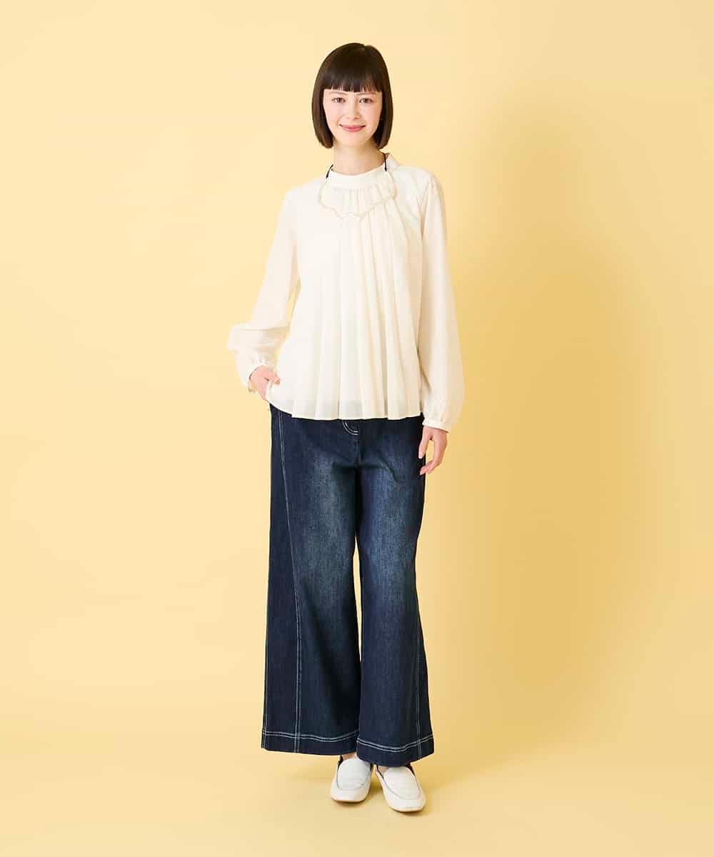 RBBED50260 HIROKO BIS(ヒロコ ビス) スタンドカラーかまぼこプリーツブラウス /洗える チャコールブラウン
