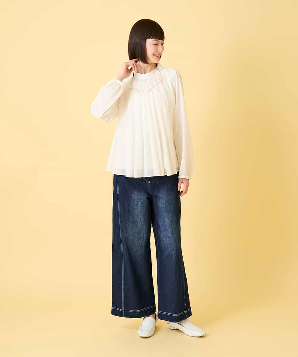 RBBED50260 HIROKO BIS(ヒロコ ビス) スタンドカラーかまぼこプリーツブラウス /洗える チャコールブラウン